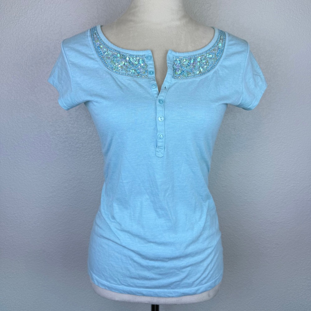 Y2K Next Era Women Aqua Blue Sequin Beaded Embellished Henley 100% Cotton Top XL